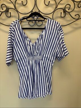 Onia Blue and White Striped V-Neck Blouse
